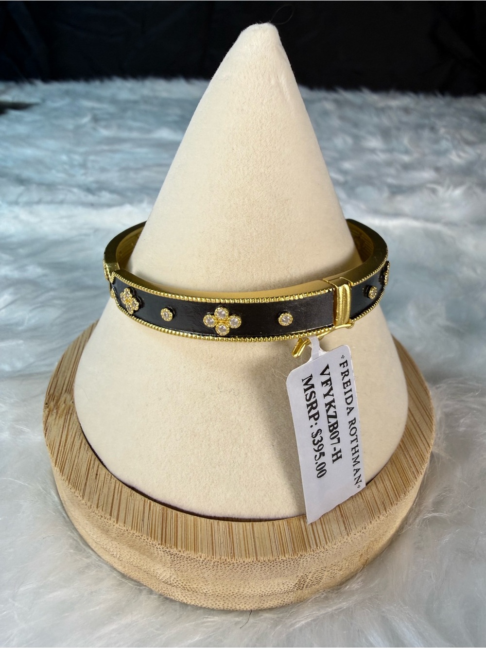 Freida Rothman Iconic Clover Hinge Gold-Tone Black Bangle Bracelet - Picture 4 of 8